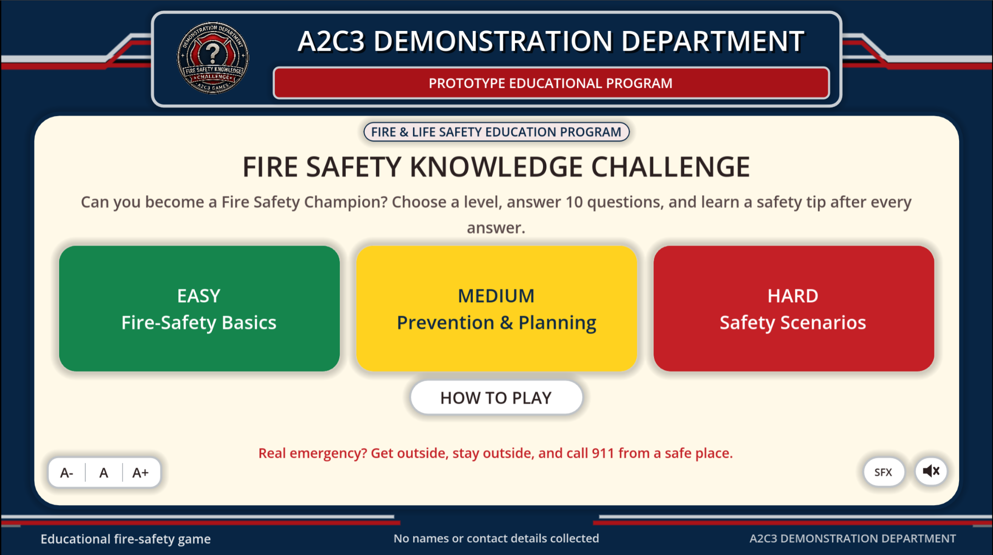 Fire Safety Knowledge Challenge opening screen